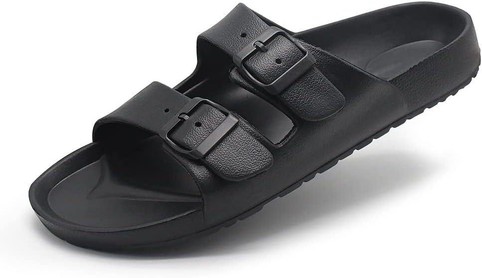 BEMGNAR Mens Lightweight Comfort Slides Double Buckle Slip-on Adjustable EVA Orthopedic Flat Sandals (Size 7, Black)