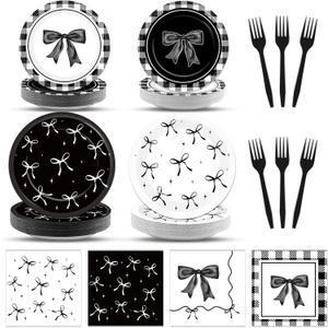 96PCS Black White Bow Party Plates and Napkins Coquette Birthday Decorations Supplies Girl Bachelorette Bridal Engagement Bow Paper Cake Dessert Tableware Set for Baby Shower 24 Guests