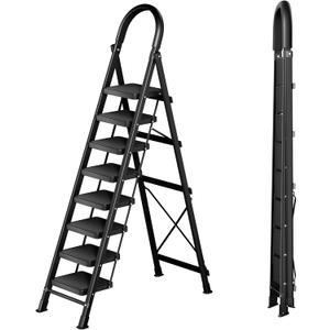 8 Step Ladder with Handrails, 330LBs Capacity Folding Step Stool with Anti-Slip Wide Pedals - Perfect for 12ft High Ceilings, Home Kitchen Pantry Office Use, Black