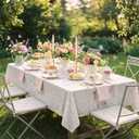 Breling 2 Pcs Spring Floral Tea Party Decoration Pink Vintage Rectangle Tablecloth White Lace Runner Set Flower Table Decor for Garden Wildflower Party Supplies, Bridal Shower Wedding, Baby Shower