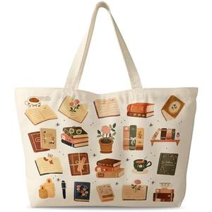 Miss Adola Large Tote Bag for Women - Canvas Tote Bag with Zipper Aesthetic Book Coffee Cotton Cloth Reusable Big Shoulder Bag for Shopping, Gym, Travel, Work