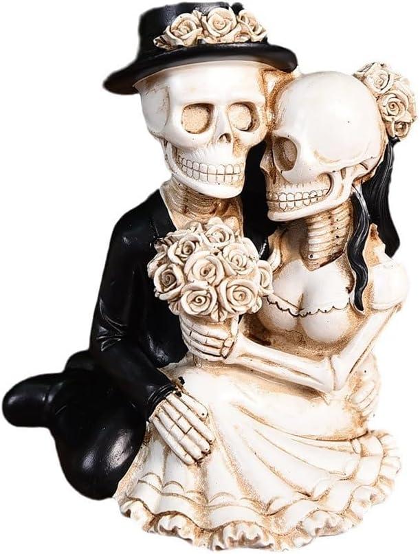 Skeleton Bride and Groom Figurine Wedding Cake Topper, Love Till Death Dancing Skull Couple Statue, Death Themed Skeleton Party Halloween Decoration (Kneeling embracing)