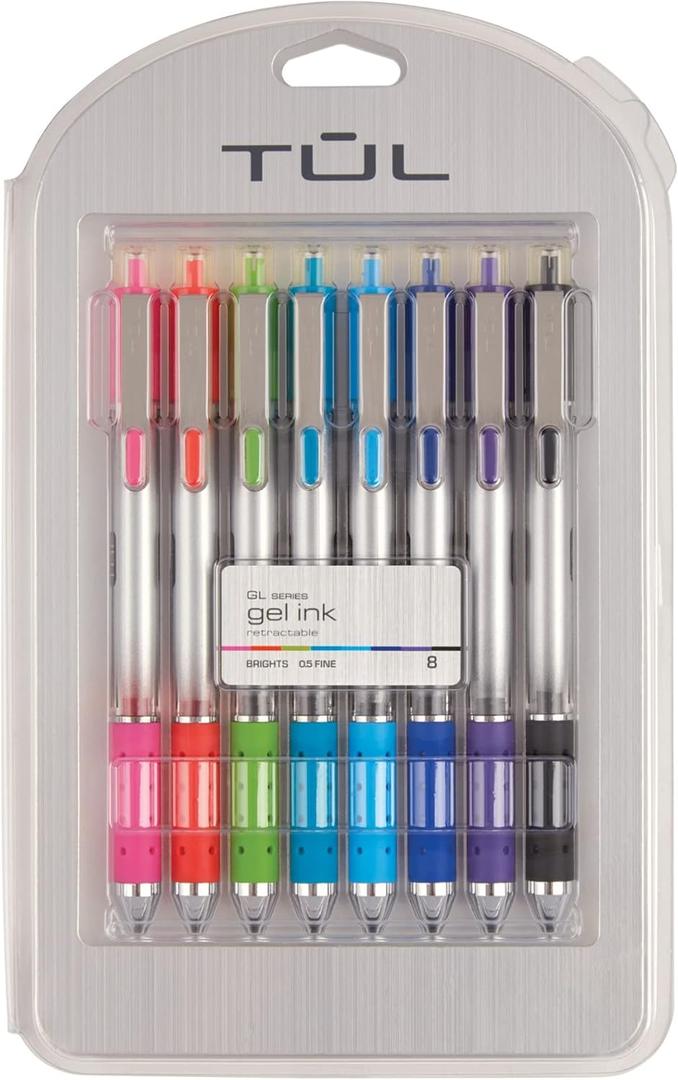 TUL Retractable Gel Pens, Needle Point, 0.5 mm, Gray Barrel, Assorted Bright Ink Colors, Pack Of 8