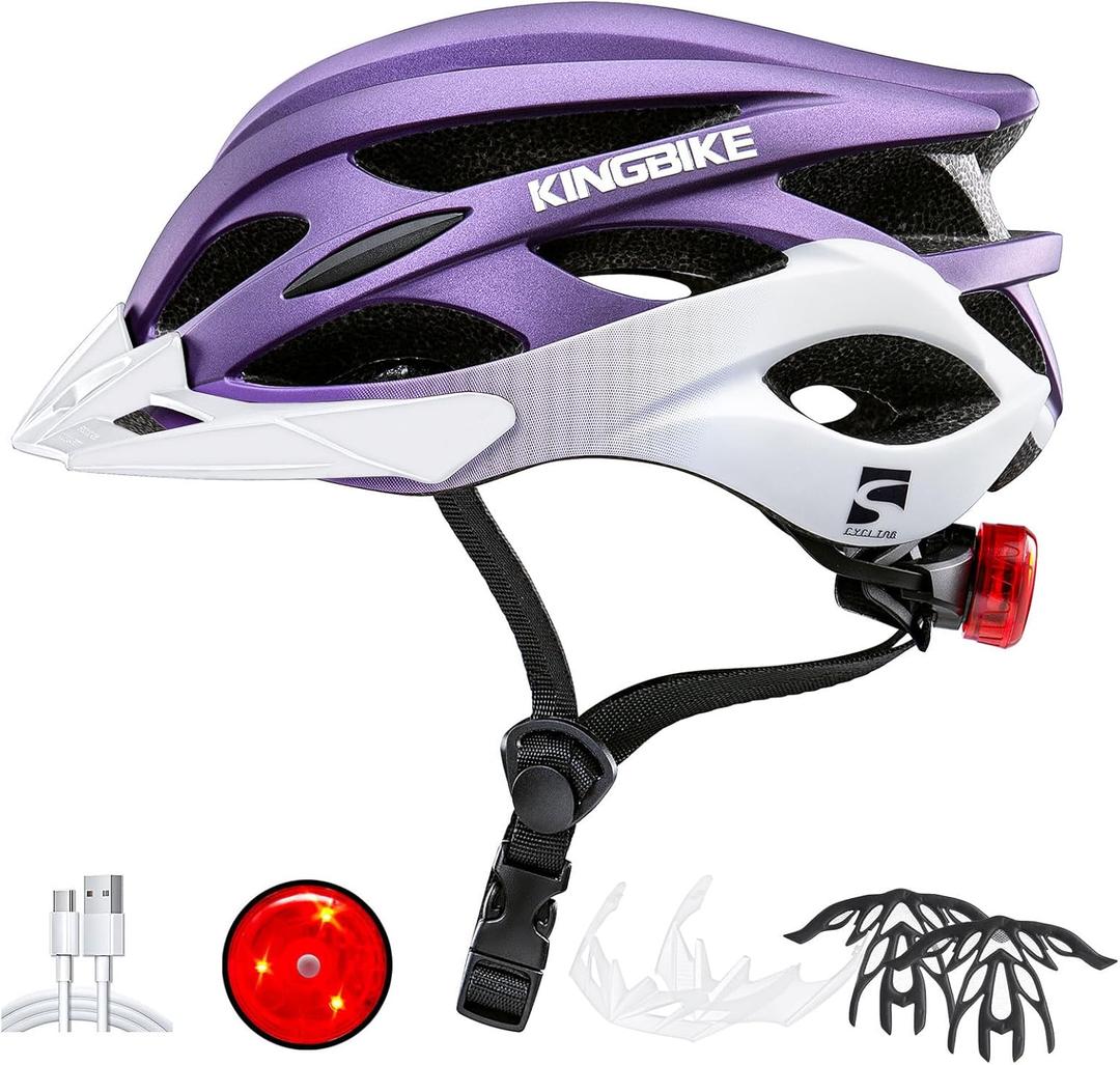 KINGBIKE Bike Helmet for Adult Men Women Youth Road Commute Mountain Cycling Helmets with USB Rechargeable Light Replaceable Padding and Visors Lightweight 20.4-23.6in (Medium, Purple White)