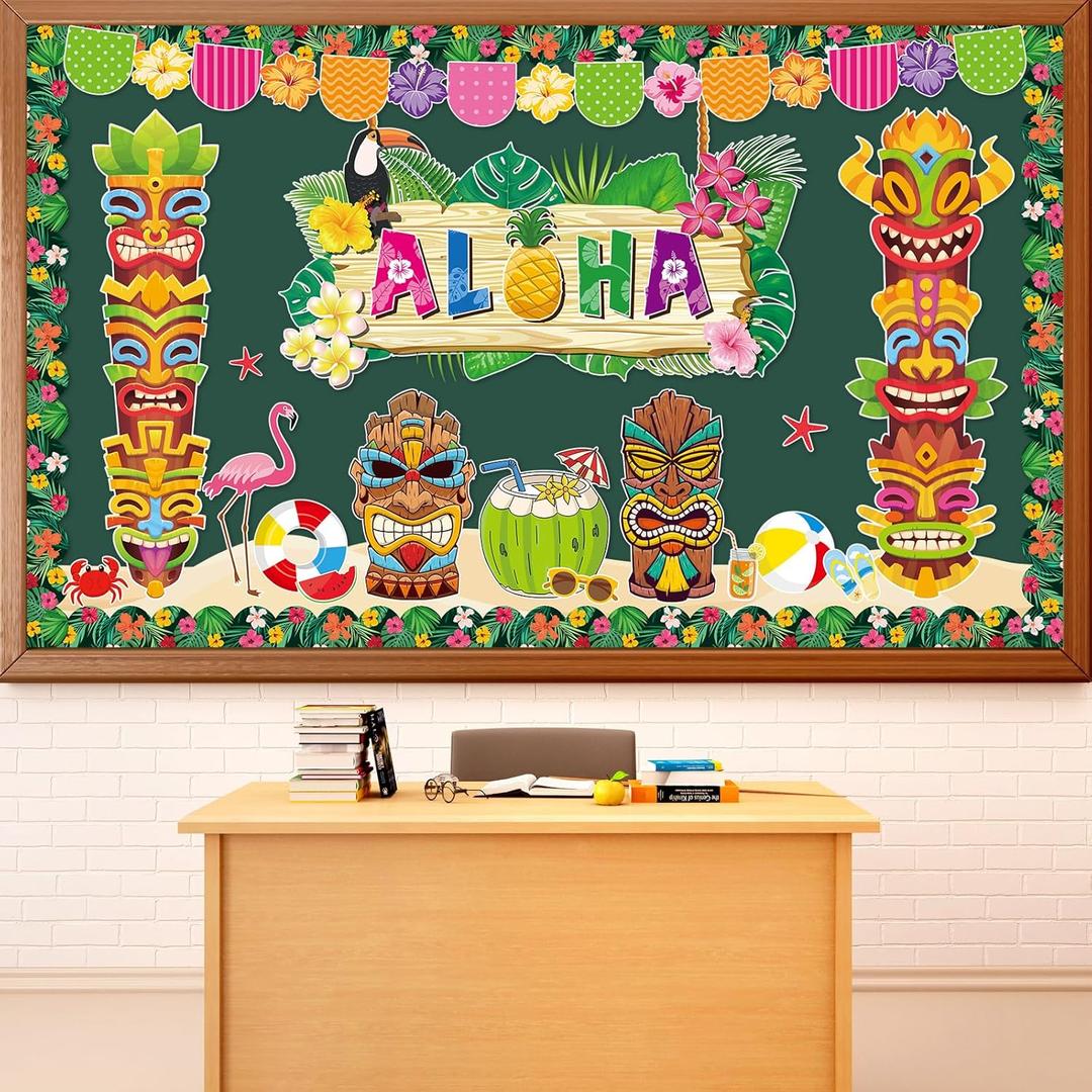2 x Summer Bulletin Board Decoration Aloha Cutouts Summer Hawaiian Luau Holiday Classroom Decoration Coconut Tropical Palm May Tiki Totem Flamingo Cutout for School Window Chalkboard Wall Decor