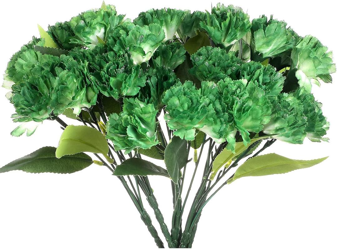 Inder 6 Pcs St. Patrick's Day Decorations Artificial Green Carnations Bulk Green White Silk Carnations Faux Bushes with Stems for Cemetery Wedding Bouquets Home Decor DIY