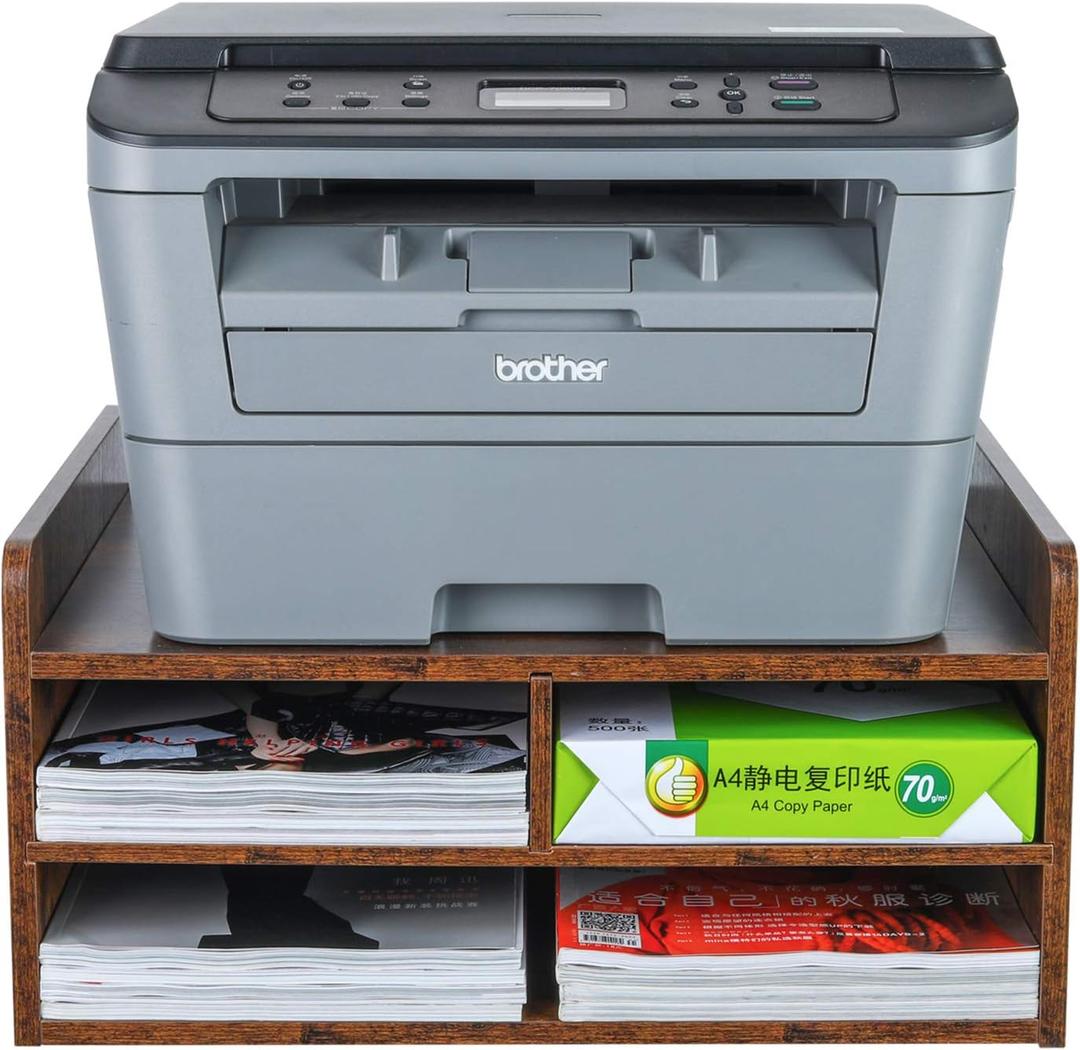 PAG 3 Tier Desktop Printer Stand with Storage, Paper Storage Holder Rack for Desk, Wooden Printer Organization for Home/Office, Antique Brown