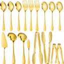 Mwellewm 17Pcs Serving Utensils, Gold Stainless Steel Large Serving Spoons, Slotted Spoon, Fork, Tongs, Cake Pie Server, Soup Spoon, Metal Buffet Banquet Cutlery Set for Parties Entertaining Catering