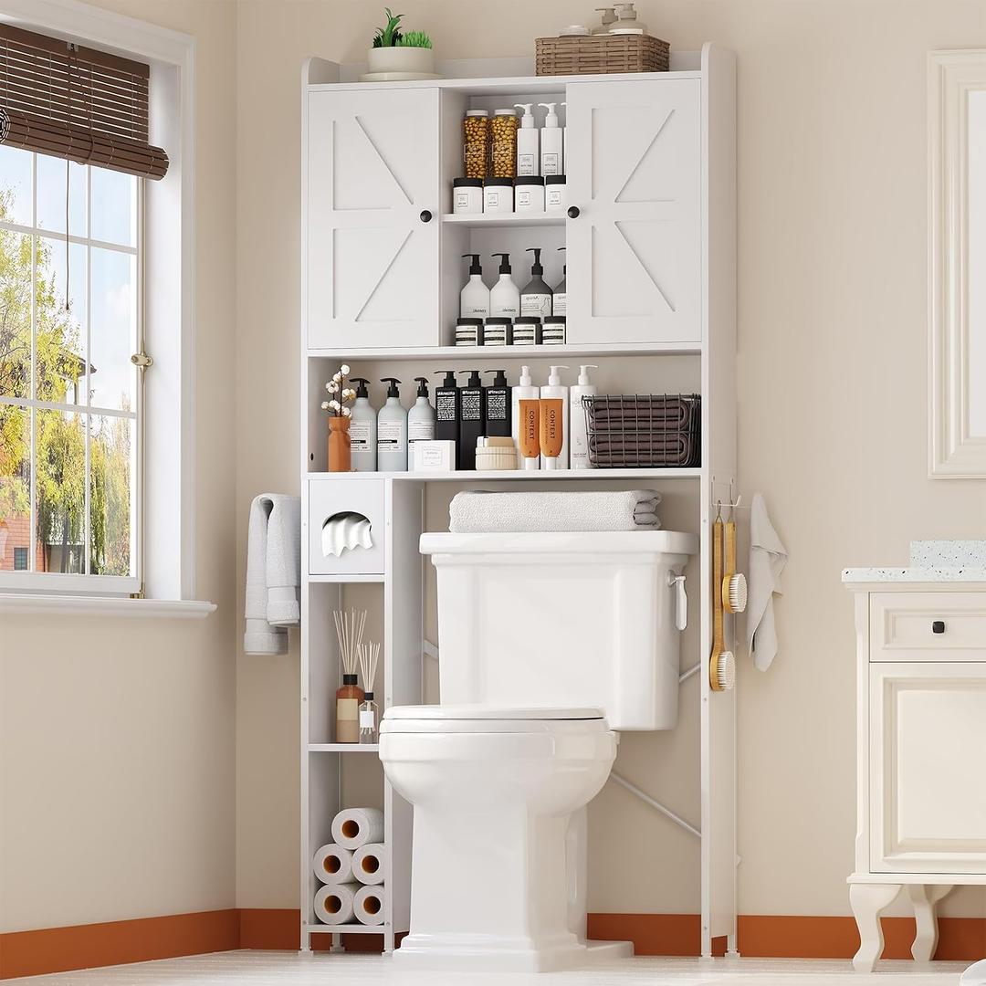 EasyCom Over The Toilet Storage Cabinet with Metal Frame and 7 Storage Shelves, Bathroom Organizer with Adjustable Shelves and Paper Holder, Farmhouse Storage Cabinet for Bathroom, Laundry, White