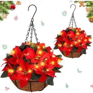 HyDren 2 Pack Pre Lit Artificial Poinsettia Flowers Christmas Hanging Basket 2 Pcs Colorful LED String Lights for Indoor Outdoor Garden Patio Porch (Red)