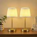 PUSU 2 Pack Cordless LED Gold Table Lamps, Rechargeable 4000mAh 3 Way Dimmable Bedside Small Lamp with Fabric Shade, Lighting for Bedroom, Kids Room, Bathroom, Kitchen, Decor, Gift, Night Light