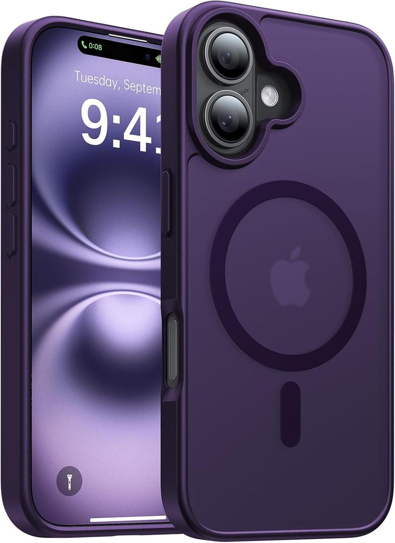 Magnetic for iPhone 16 Case, [Compatible with MagSafe][Military-Grade Drop Protection][Anti-Yellowing] Shockproof Protective Translucent Matte Cover for iPhone 16 Phone Case,Deep Purple