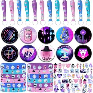 84pcs Birthday Party Decorations Magical Music Themed Set Include 50pcs Stickers, 12pcs Bracelets, 12pcs Key Chains, and 10pcs Buttons Pins for Birthday Party Decorations