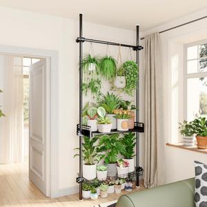 Bamworld Tension Rod Plant Stand Adjustable Hanging Plant Shelf Indoor Tall Plant Pole Stand Floor to Ceiling Pole for Living Room Bedroom Flower Holder For Multiple Plant Pots Display Black