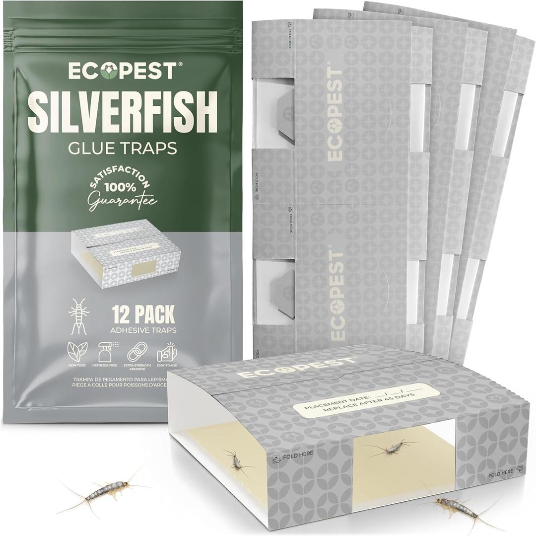 Silverfish Trap  12 Pack | Sticky Indoor Glue Trap for Silverfish, Firebrat, and Other Bugs and Crawling Insects | Adhesive Silverfish Killer Paks, Monitor, and Detector with Natural Bait Attractant