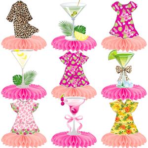 2 x Hawaiian Tropical Cocktail & Floral Dress Honeycomb Table Centerpieces 9pcs Double-Sided Decorations for Bachelorette Bridal Shower Luau Summer Beach Party