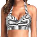 Tempt Me Women Halter Bikini Tops Push Up Retro Bathing Suits Padded Swimsuit Top Only No Bottom (Black Stripe), Large