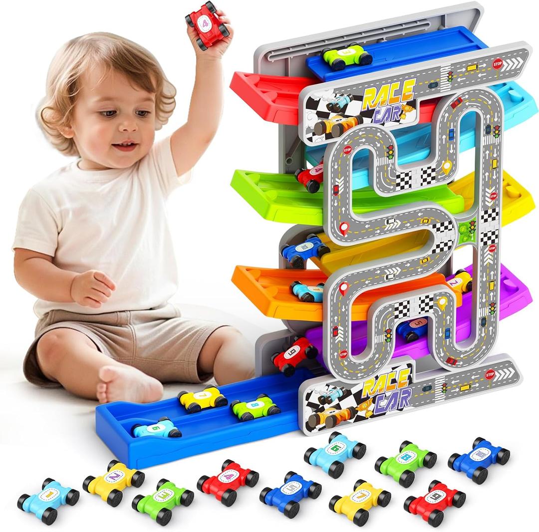 aotipol Toddler Toys for 2 3 Year Old Boy Girl, Double-Track Car Ramp Toy with Pull-Out Parking Lots & 10 Mini Cars, Montessori Toy Birthday Gifts for Toddlers Boys Girls Age 18+ Month Old, New Track