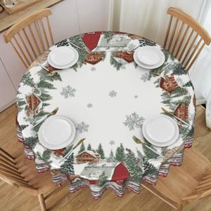 Snow Round Tablecloth 60 Inch Polyester Washable Table Cover Home Decor for Kitchen Dining Party Picnic