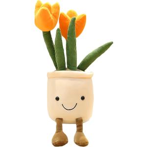 WUZHOU Tulip Plush Toy, 13.7" Flower Pot Stuffed Plushie Pillow Decoration, Soft Fluffy Toy Succulent Plants Friend Throw Pillow, Multicolor (Orange-Tulip)