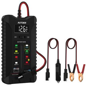 AUTDER Car Battery Tester and Alternator Tester 12V/24V with LCD Display and LED Indication Automotive Battery Voltage Meter for Cars Trucks Motorcycles (Black)