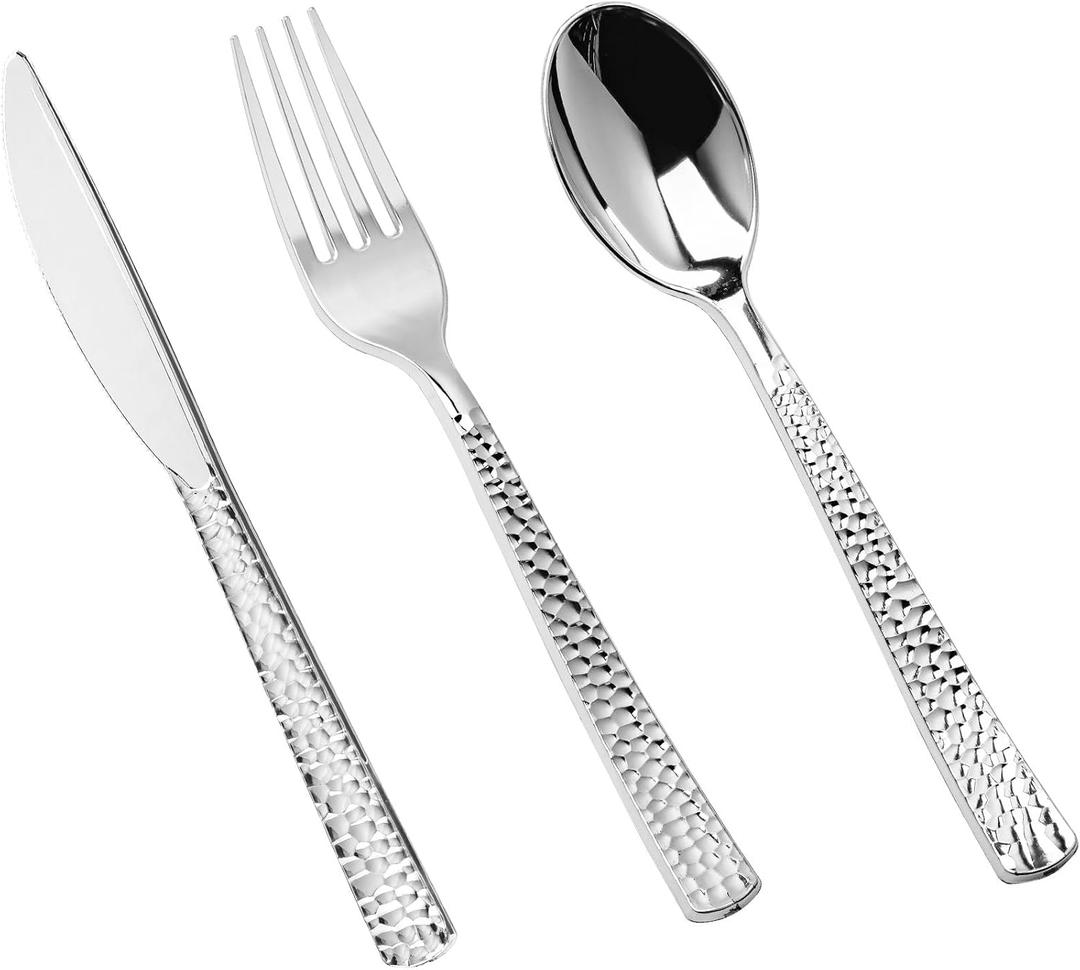 150PCS Silver Plastic Silverware, Heavy Duty Plastic Cutlery Set, Disposable Utensils - 50 Forks, 50 Spoons and 50 Knifes for Party, Wedding and Events
