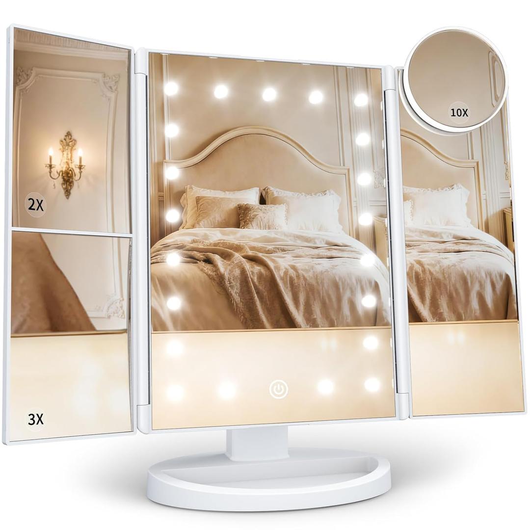 HUONUL Makeup Mirror, Vanity Mirror with Lights, 2X/3X/10X Magnification, Touch Control, Trifold, Dual Power Supply, Gifts Mothers Day for Mom, Gifts for Women, Wife, Girls, Dorm Room Essentials (White)