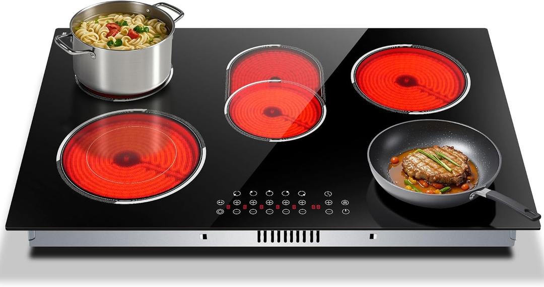 30 Inch Electric Cooktop, Built-in 5 Burner Electric Stovetop 8400W, 30" Glass Ceramic Cook Top with Expanded Zone, Child Safety Lock, Timer, Pause Control, 220V - 240V Hard Wire, No Plug
