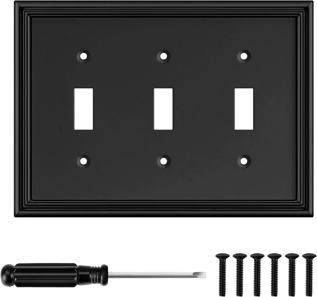 Black Modern Decorative Wall Plate Light Switch Cover Decorator Outlet Covers Rocker Switch Plates Bamboo Fiber Material Wall Plates for Kitchen Bathroom (3 Gang Triple Toggle-1 Pack)