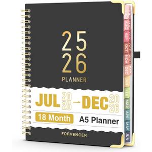 Jul 2025 - Dec 2026 Planner, Forvencer Academic Planner 2025-2026, 18 Month Daily Planner, 6" x 8", Weekly & Monthly Agenda Book, Hardcover Calendar Book, School Supplies for Student Teacher, Black