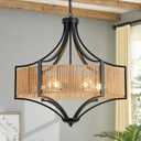 25.6" Rattan Farmhouse Chandelier Teardrop Light Fixtures, 6-Light Rustic Rattan Pendant Lighting with Straight Woven Shade Boho Black Hanging Light for Dining Room Living Room Kitchen Island Bedroom