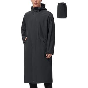Men's Long Rain Jacket Windbreaker Waterproof Lightweight Packable Running Hiking Cycling Golf Rain Coat with Hood (Large, Black)