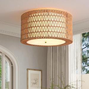 19.7" Rattan Flush Mount Ceiling Light3-Lights Boho Ceiling LightHand-Woven Wicker Chandeliers Light Fixtures Ceiling Hanging,for Dining Room Bedroom,Kitchen Island,Hallway