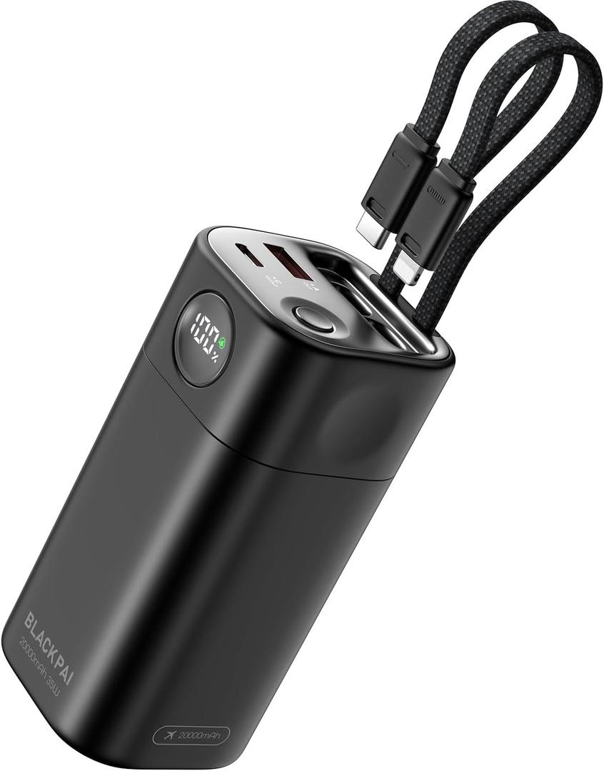 Portable Charger 20000mAh, 35W Fast Charging Power Bank with Built-in USB-C & Lightning Cables, Travel Battery Pack PD 3.0 Battery Pack for iPhone 16 17 15, MacBook, Samsung S24, iPad, Android