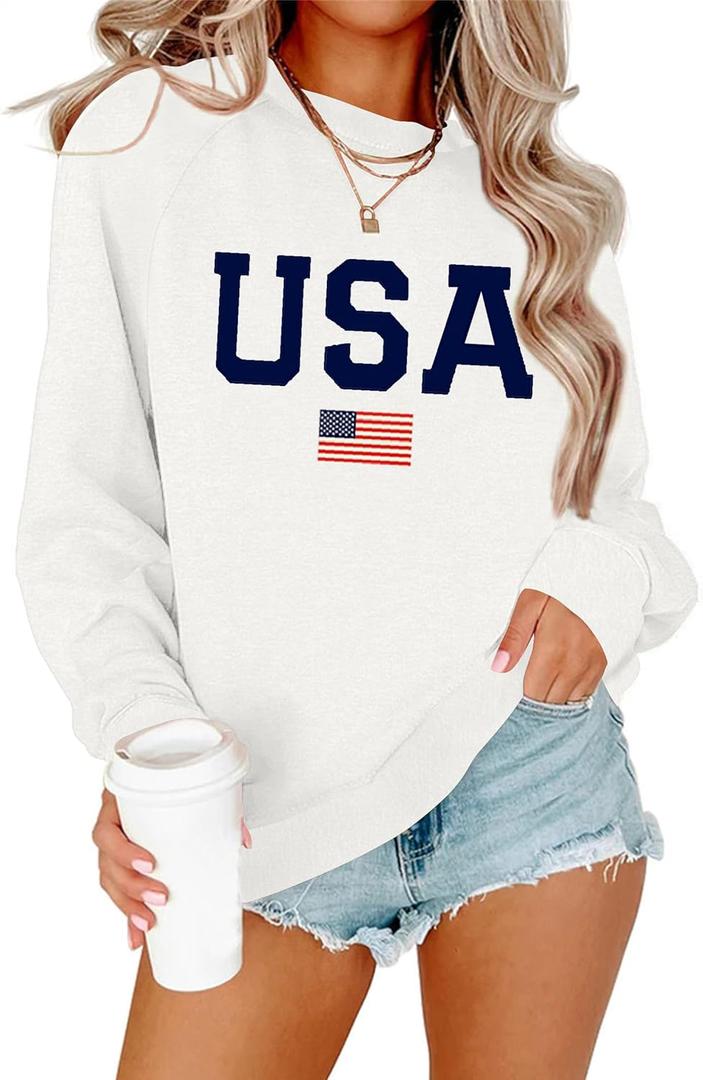 Lacozy Womens USA Sweatshirt American Flag Oversized Graph Letter Pullover Crewneck Long Sleeve Loose Fit Tees Clothes (Small, White)