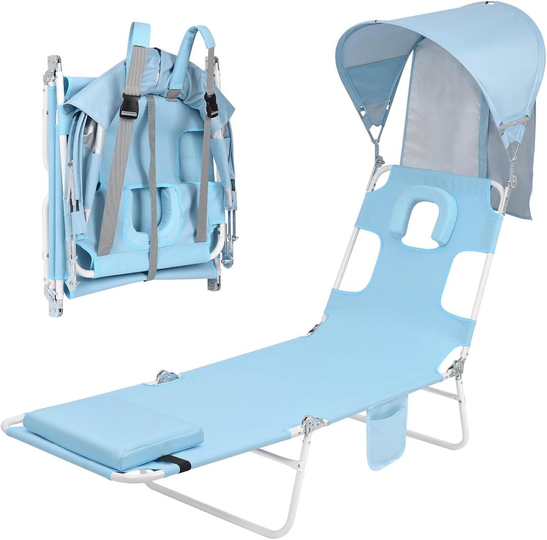Backpack Beach Tanning Chair with Canopy Sun Shade & Face Hole, 6 Position Folding Lounge Sun Chair for Adults Outside Reading Sunbathing Poolside Camping Lawn, UPF 50+, Patent Design (Baby Blue)