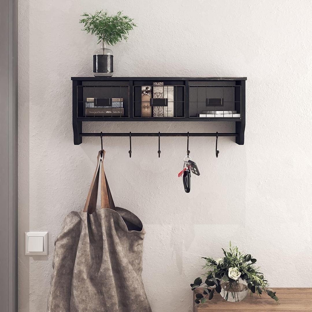 HBCY Creations Wall Mounted Shelf with Coat Hooks and Baskets, Solid Wood Entryway Organizer Wall Shelf with Hooks - Hang Coats, Keys or Coffee Mugs, Rustic Blackwash 24" Wide, Black