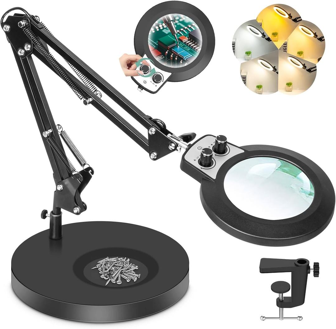 10X Magnifying Glass with Light and Stand, Upgraded Any Color Modes & Stepless Dimming Magnifying Lamp, 2-in-1 Hands Free LED Lighted Magnifier Desk Lamp for Craft Repair Soldering Close Work