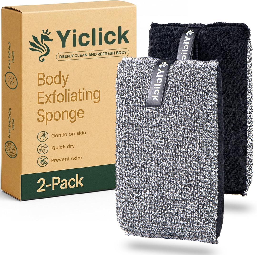 Yiclick Exfoliating Body Scrubber (2 Pack), Body Exfoliator Scrubber, Exfoliating Sponge for Shower Bath, Shower Loofah Luffa Lufa with Handle for Men Women, Dead Skin Exfoliator for Body Scrub (Black)