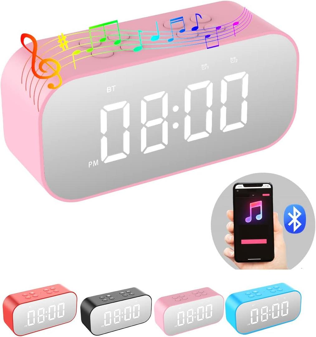 AFK Alarm Clock with Bluetooth Speaker for Bedroom,Small Digital Clock with Dual Alarms,Snooze,Mirror LED Display for Girls,Adults. (Pink)