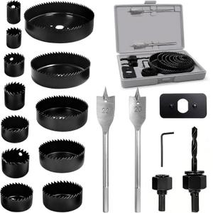 18Pcs Hole Saw Kit,Wood Hole Saw Set with 3/4in-5in Hole Saws,Mandrels,Drill Bits,Installation Plate,Hex Wrench,Flat Saw,Storage Case for Wood,Plywood,PVC,Drywall,Plastic