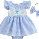 4th Of July Baby Girl Outfit American Flag Romper Dress Fly Sleeve USA Smocked Dress Newborn Fourth of july Clothes (6-12 Months, Easter Eggs-blue)