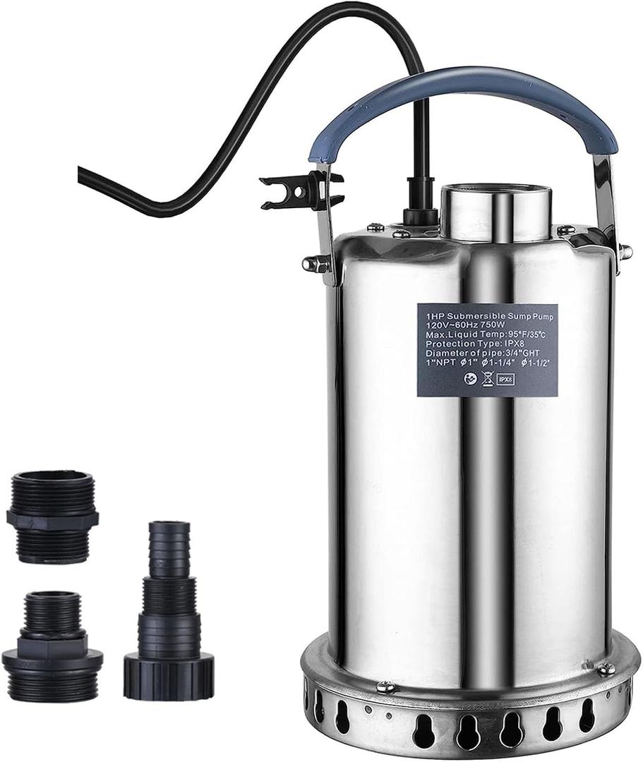 Sump Pump Submersible Water Pump 1HP 3700GPH Stainless Steel Portable Water Transfer Pump Electric for Pool Draining Hot Tub Basement Utility Pumps