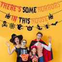Pre-Strung There's Some Horrors In This House Banner with Pumpkin Skull Spider Web Bat Witch Ghost Sign for Halloween Party Decorations Home Office Classroom Indoor Wall Mantel Fireplace Backdrop