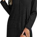 LYANER Women's Collar V Neck Long Sleeve Ribbed Knit Button Down Sleep Nightgown with Pockets (Black)