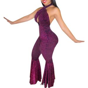 GUOLEZEEV Women Backless Lace Up Halter Jumpsuit Sexy Sleeveless Fit and Flare Pant Romper Playsuit (Purple), XL