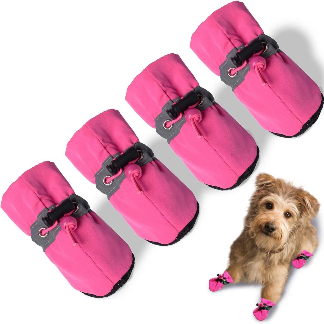 Dog Shoes Dog Boots & Paw Protector, Anti-Slip Sole Winter Dog Booties with Reflective Straps Dog for Small Medium Dogs 4PCS (A-Pink, Size 3: 1.37"(Width))