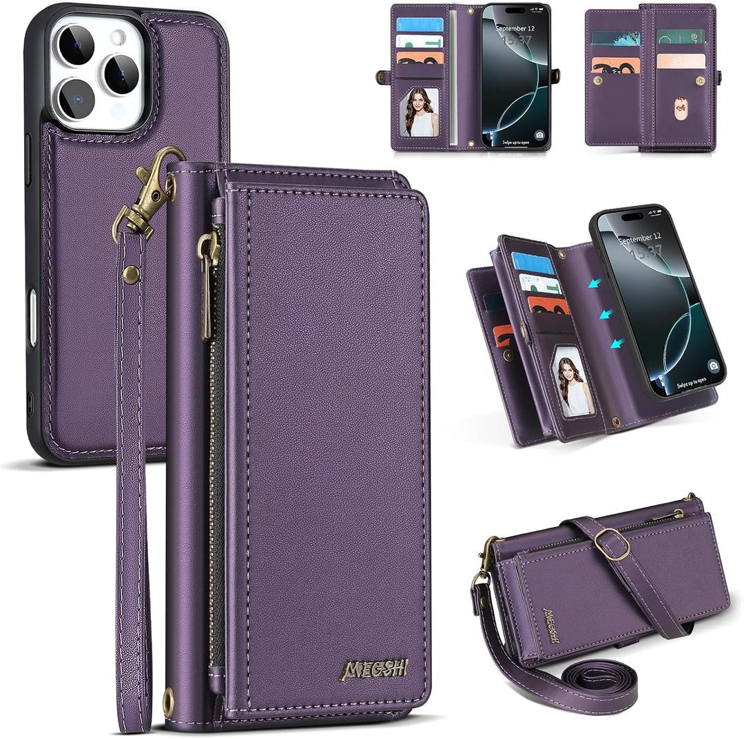 for iPhone 16 Pro Max Wallet Case, Detachable Magnetic Phone Case,Faux Leather Strap Wallet,with RFID Blocking，Zipper Card Holder，Shoulder Straps (Purple)