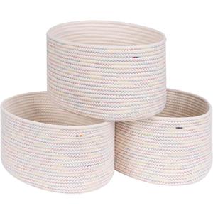 CubesLand Woven Basket for Organizing/Shelves, Cube Shelf Closet Storage Set of 3, Long-lasting & Skin-friendly Bin, Stylish Room Storage, Rainbow Stitches Cotton Rope, Rainbow Stitches