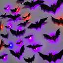 2025 New Halloween 3D Lighted Bats, LED Purple Lighted 3D Bats Halloween Decoration, Upgrade LED Glowing Bat Group Hanging Wall Luminous Glow Clings Multipack (30Pcs Black)